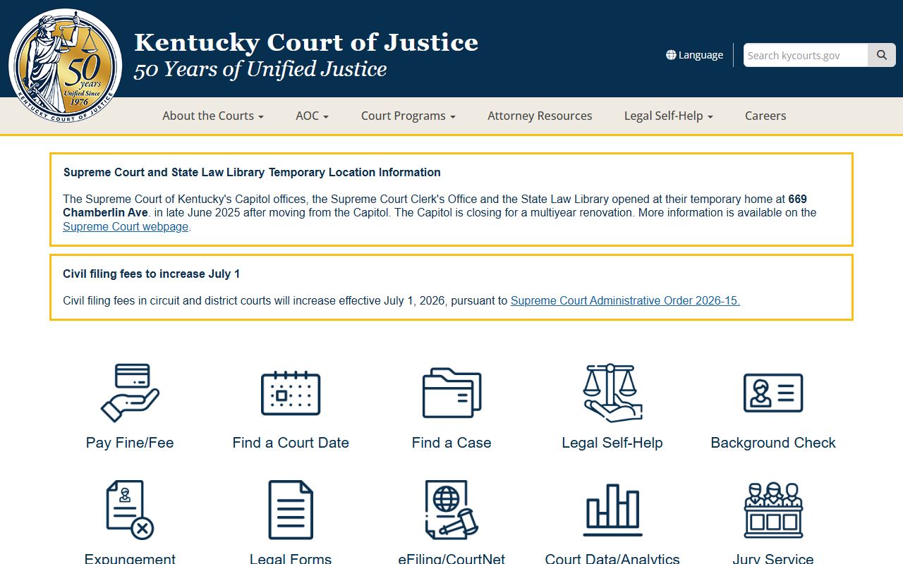 Barren County court records access through Kentucky Court of Justice homepage