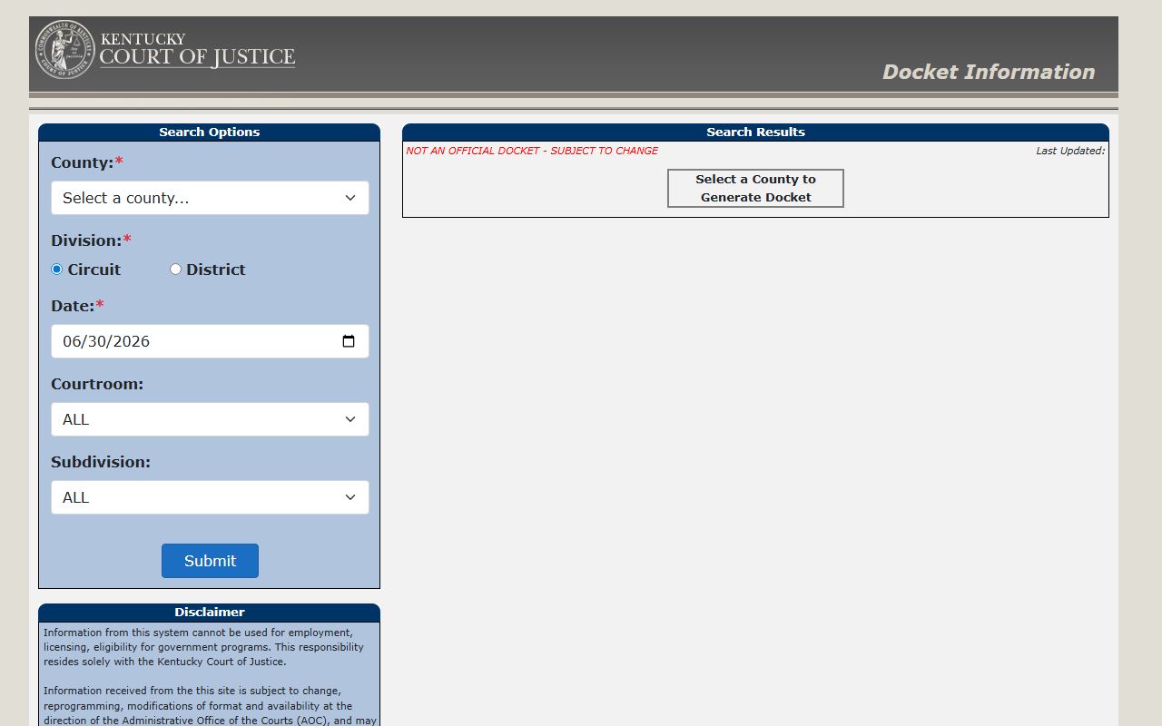 Barren County court docket search fields in Kentucky trial court system