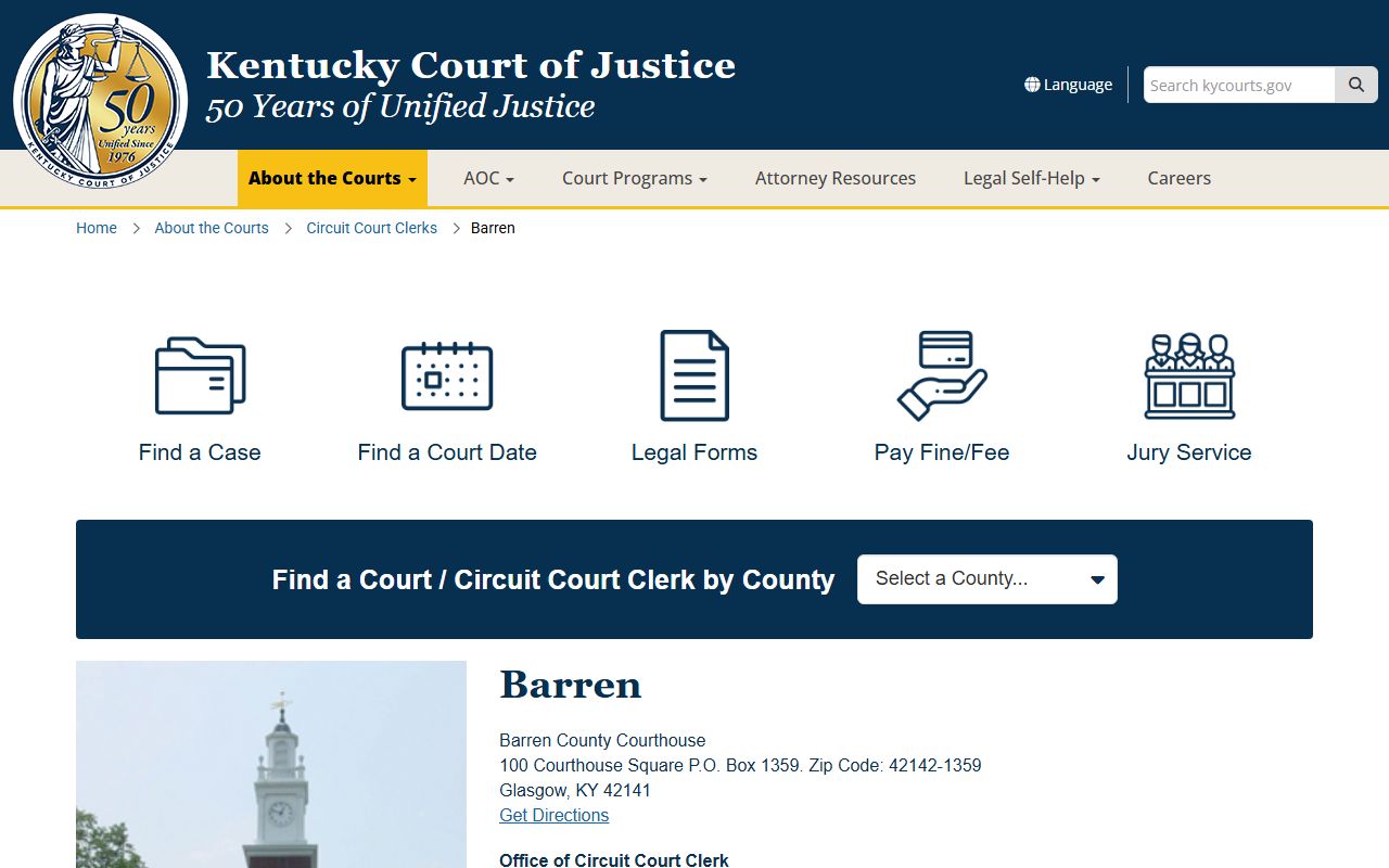 Barren County court records Kentucky Court of Justice county page